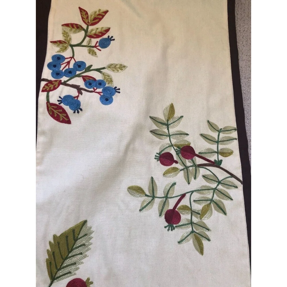 Williams Sonoma Table Runner Embroidered Floral Cotton Beige Brown India 16x90
